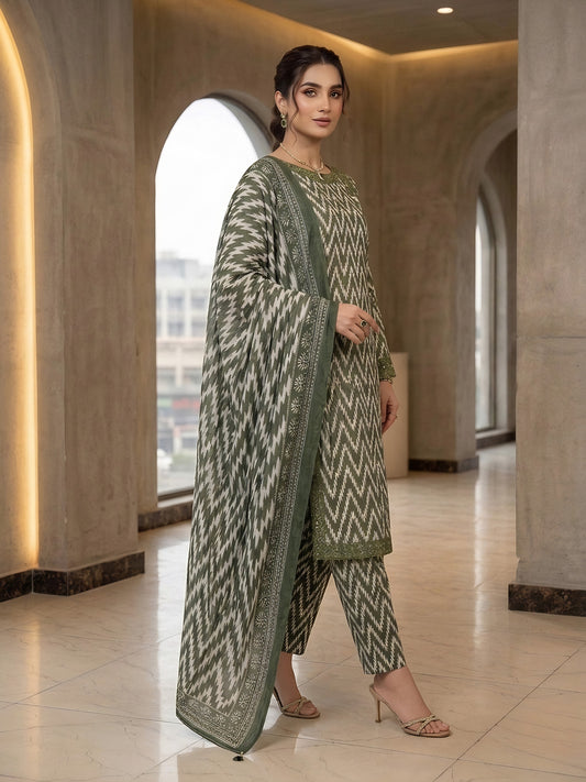 Olive Green – Premium 3-Piece Printed Lawn Suit