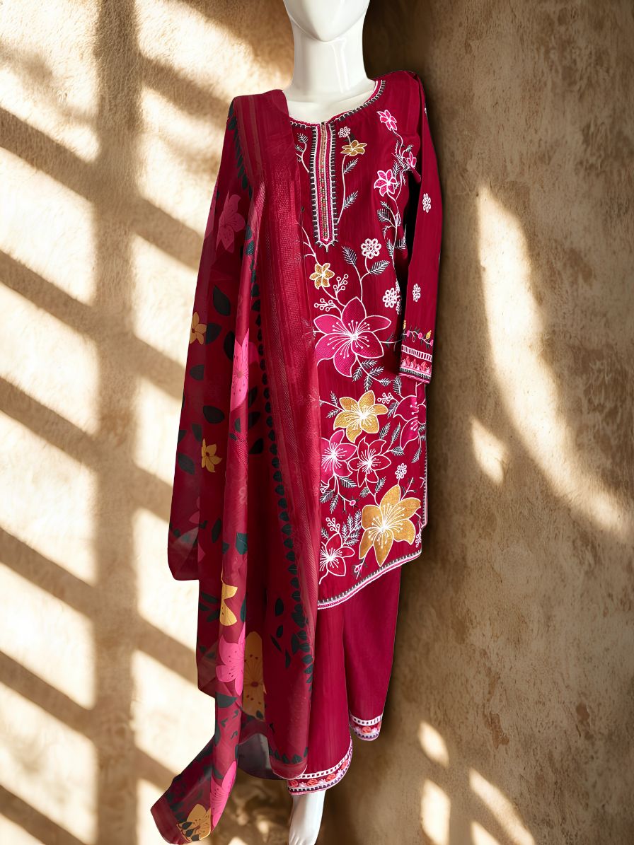 Deep Magenta & Golden Flora 3-Piece Embroidered Luxury Suit