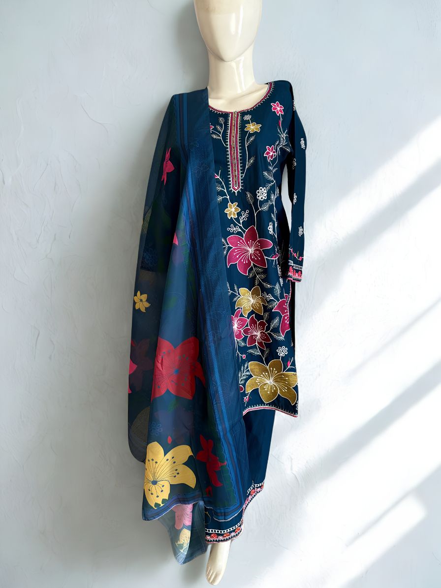 Prussian Teal Blossom 3-Piece Luxury Embroidered Suit