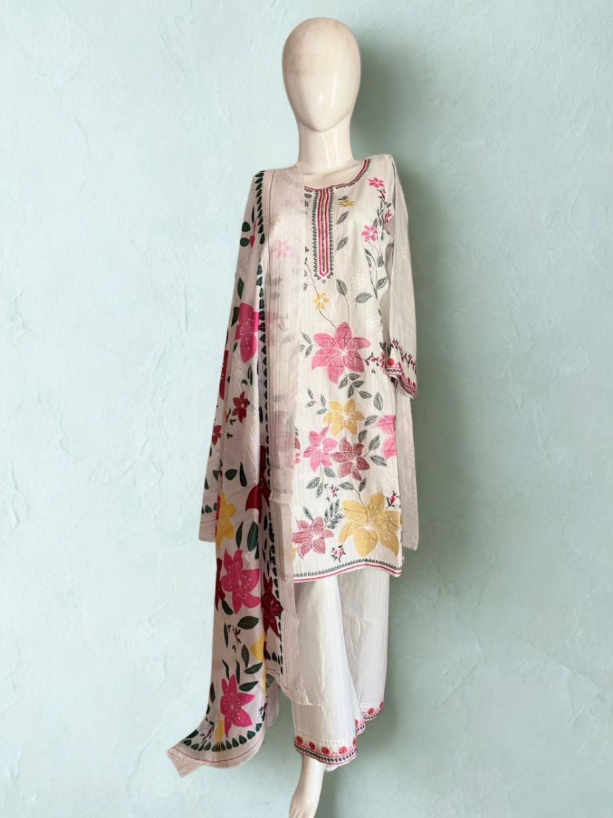 Ivory Blossom 3-Piece Delicate Embroidered Cotton Suit