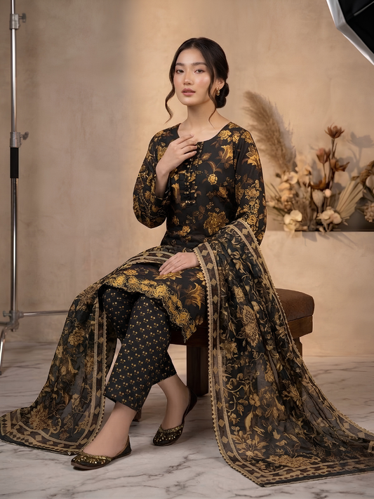 Premium Black & Gold Floral Printed 3-Piece Lawn/Cotton Suit