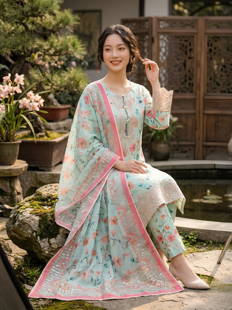 Pastel Mint & Blossom Print 3-Piece Embroidered Suit
