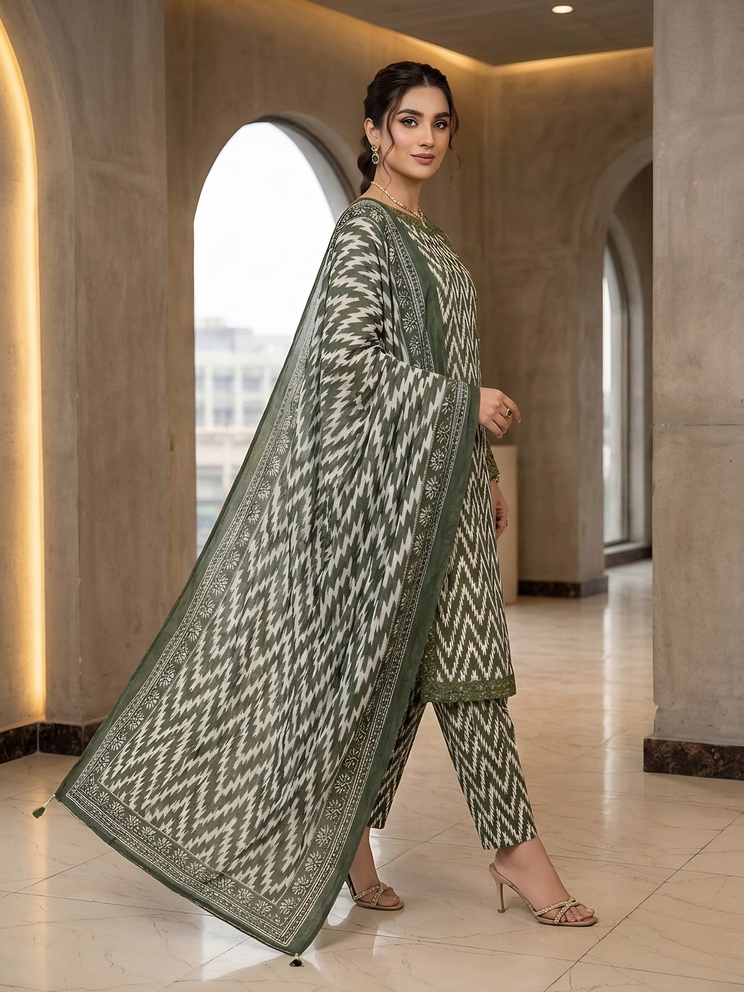 Olive Green – Premium 3-Piece Printed Lawn Suit