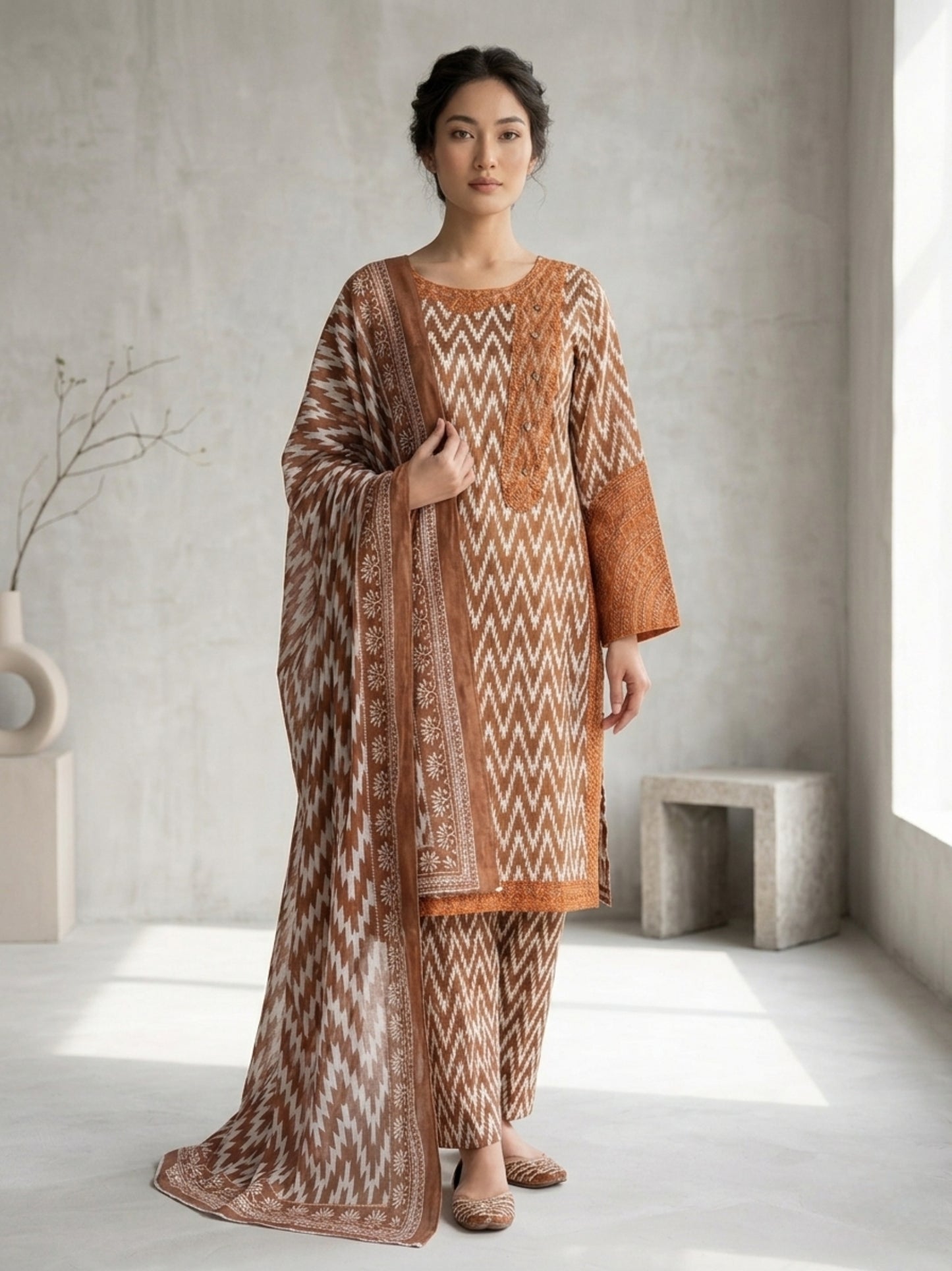 Women's 3-Piece Printed Lawn Suit - Rust Brown Geometric Ikat Design