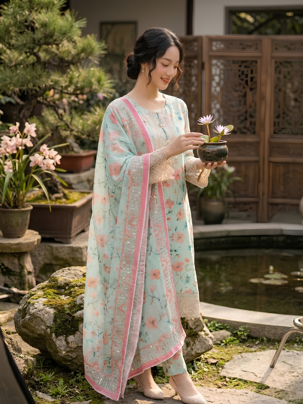 Pastel Mint & Blossom Print 3-Piece Embroidered Suit
