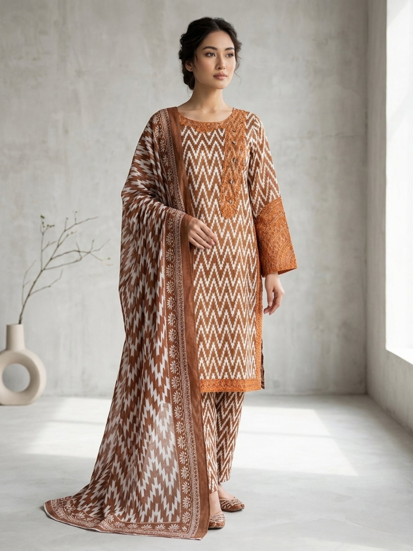 Women's 3-Piece Printed Lawn Suit - Rust Brown Geometric Ikat Design