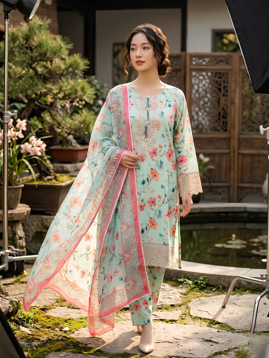 Pastel Mint & Blossom Print 3-Piece Embroidered Suit