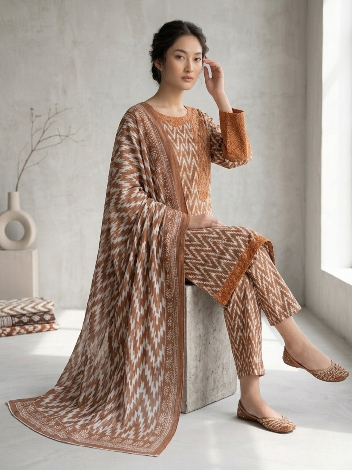 Women's 3-Piece Printed Lawn Suit - Rust Brown Geometric Ikat Design