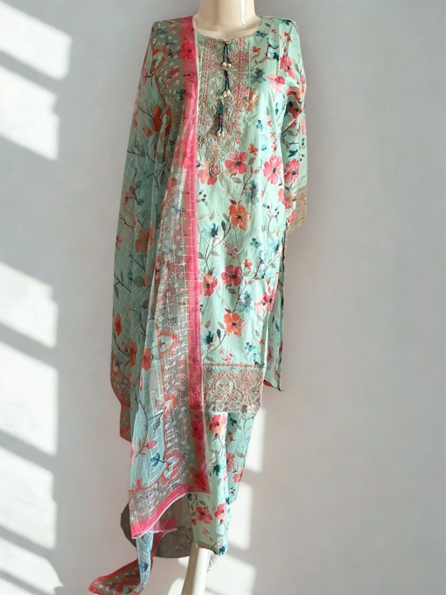 Pastel Mint & Blossom Print 3-Piece Embroidered Suit