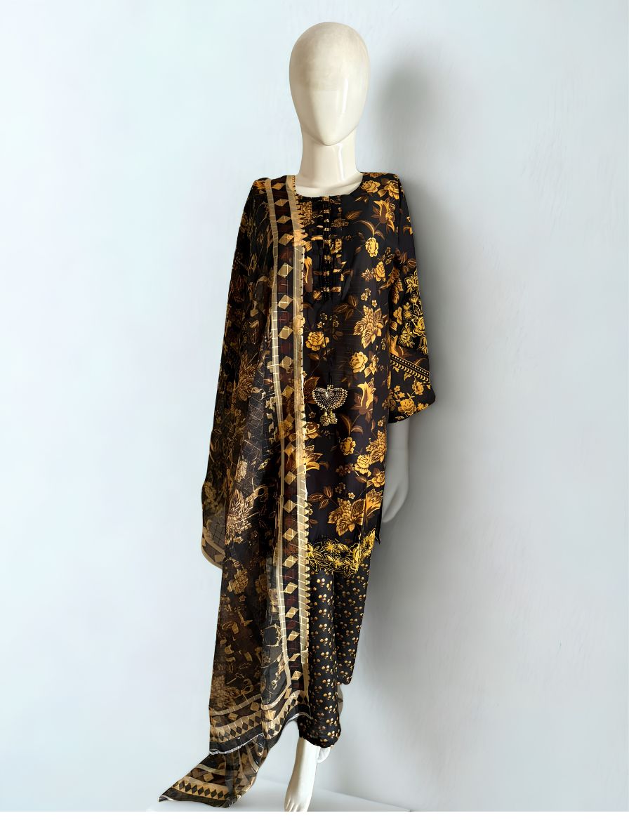 Premium Black & Gold Floral Printed 3-Piece Lawn/Cotton Suit