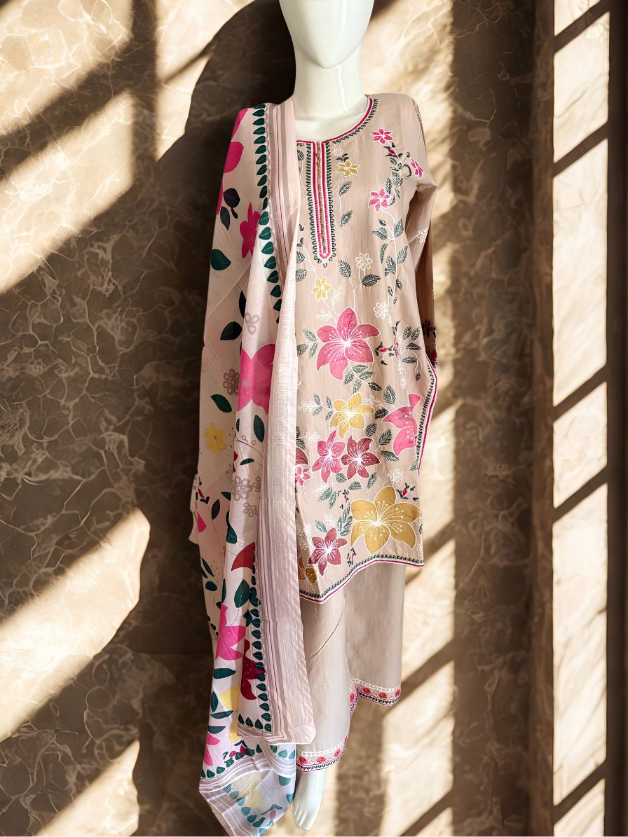 Sand Beige Flora 3-Piece Delicate Embroidered Cotton Suit