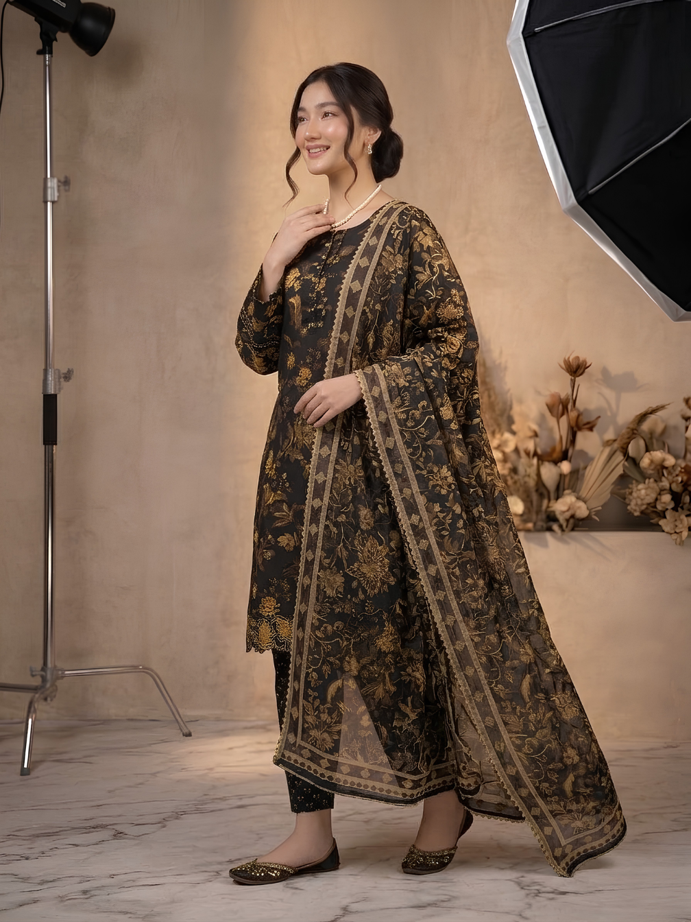 Premium Black & Gold Floral Printed 3-Piece Lawn/Cotton Suit