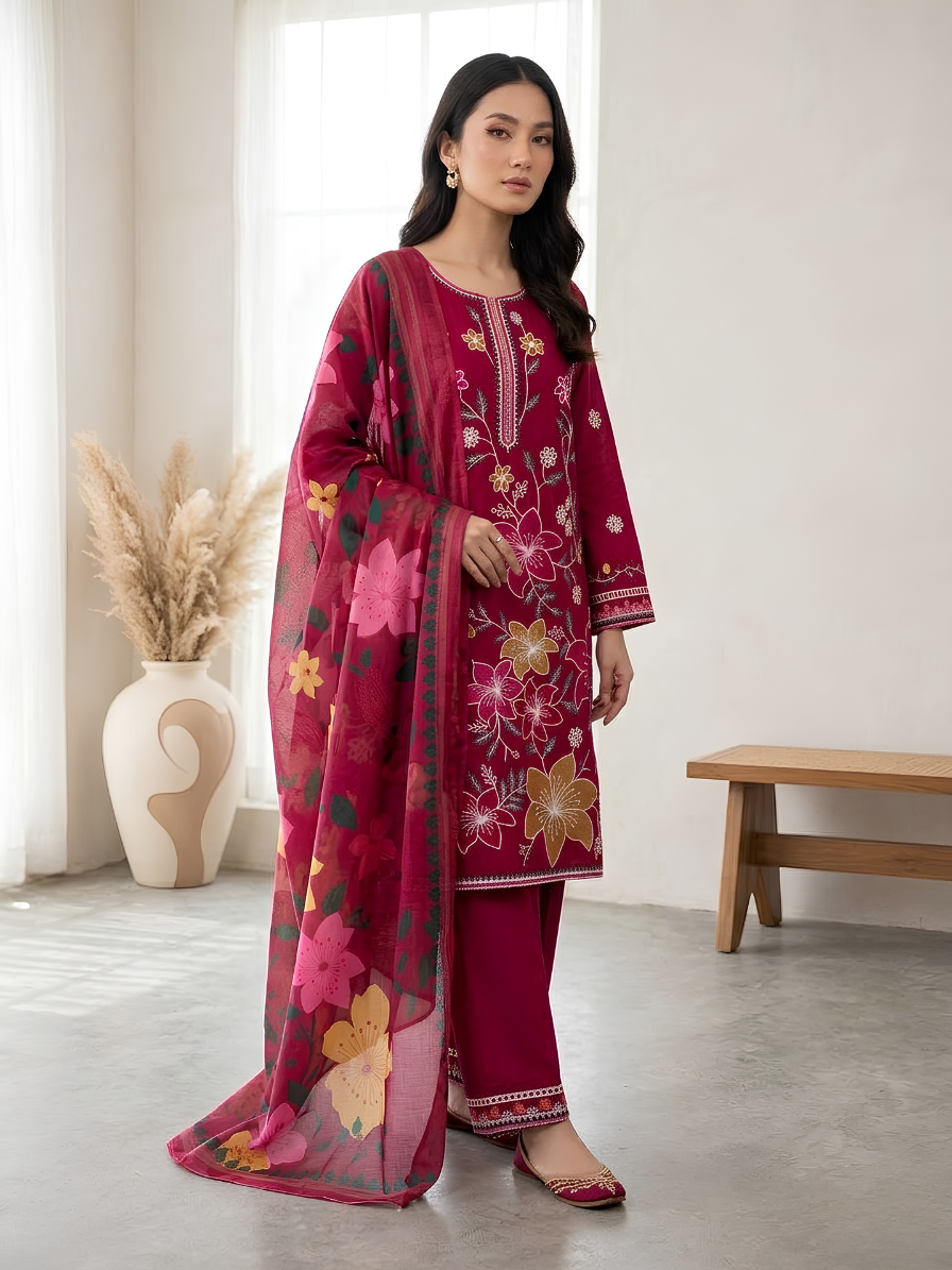 Deep Magenta & Golden Flora 3-Piece Embroidered Luxury Suit