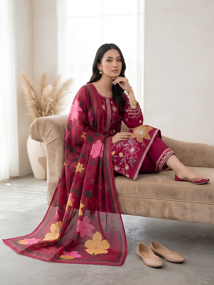 Deep Magenta & Golden Flora 3-Piece Embroidered Luxury Suit