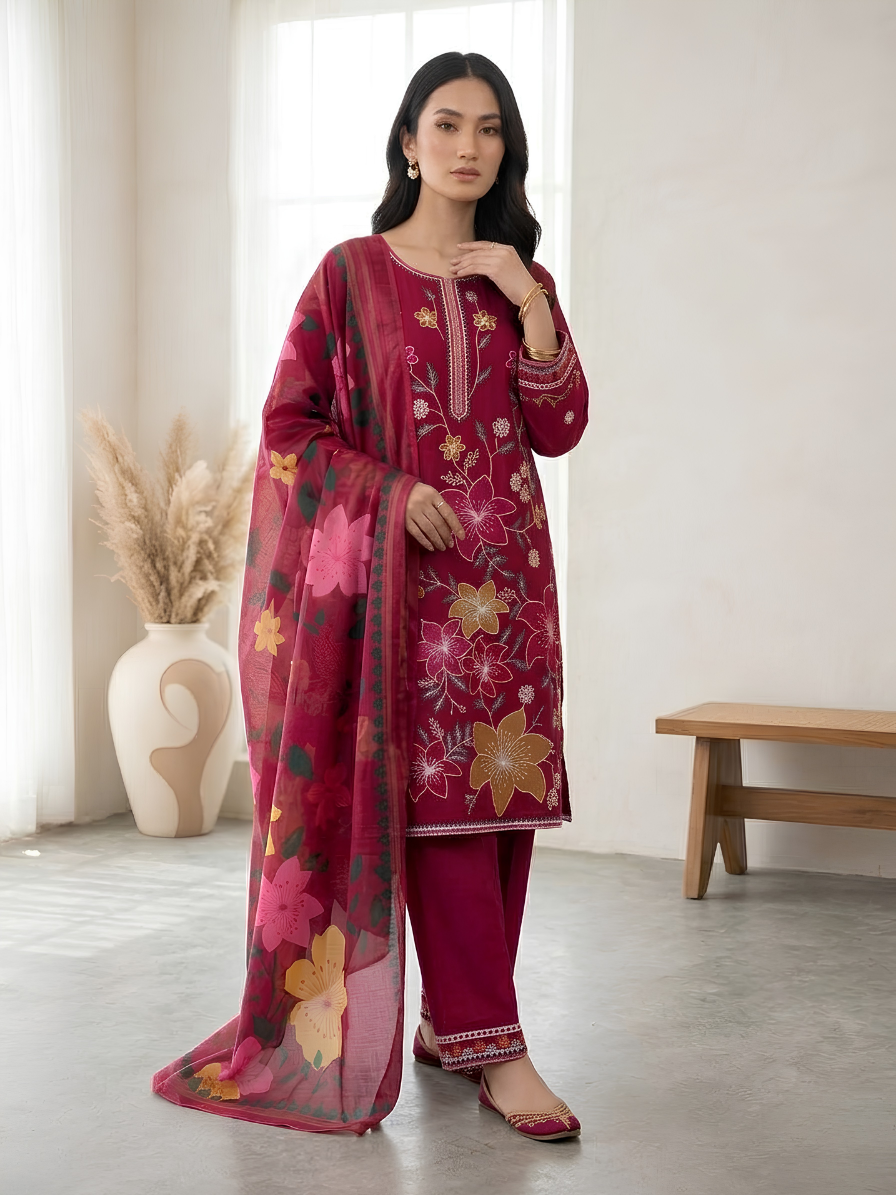 Deep Magenta & Golden Flora 3-Piece Embroidered Luxury Suit