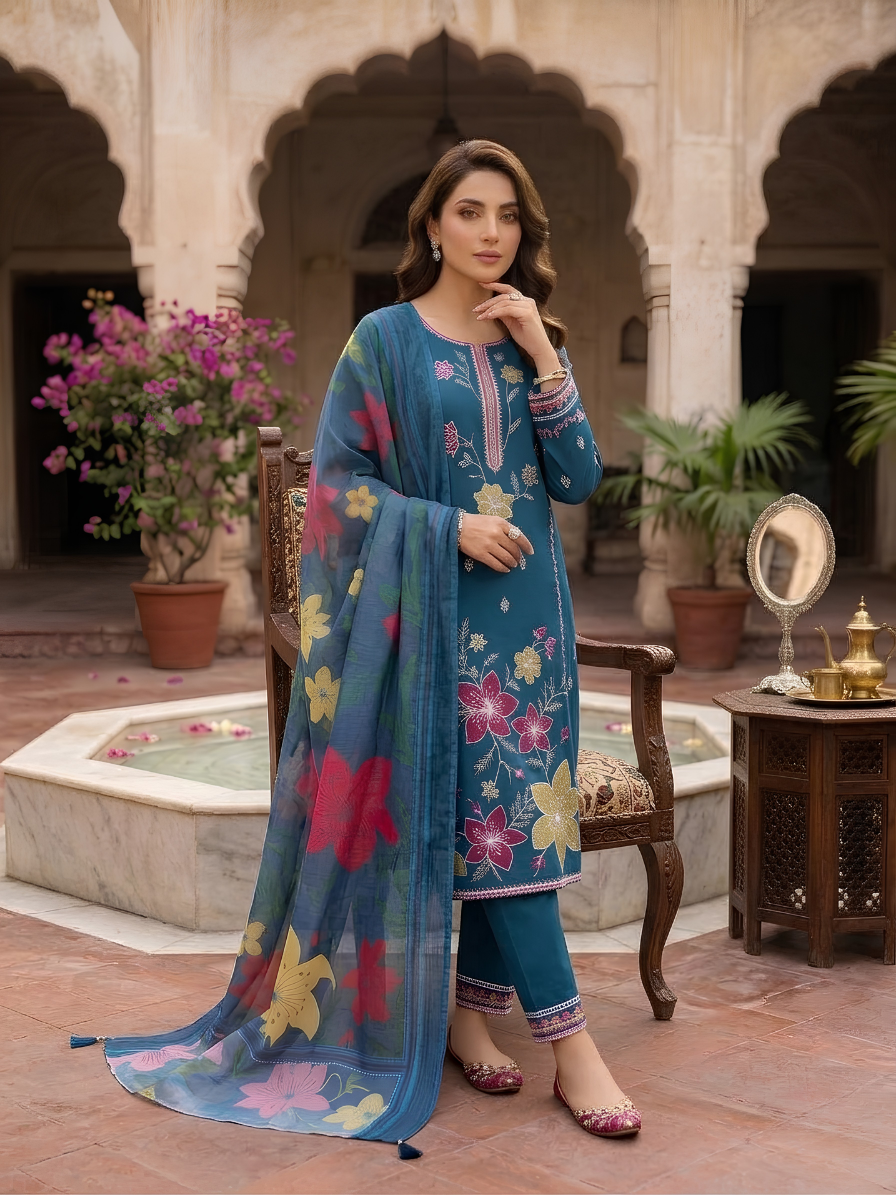 Prussian Teal Blossom 3-Piece Luxury Embroidered Suit