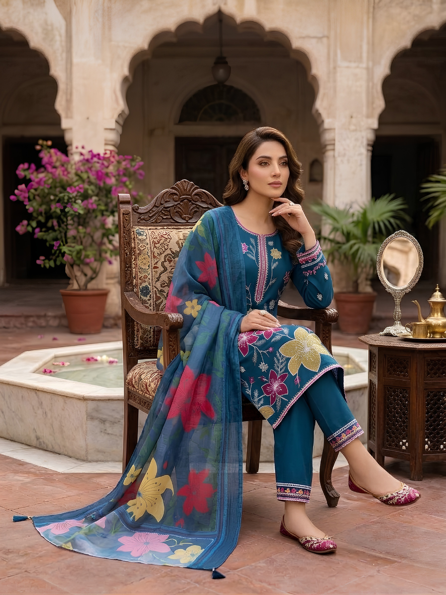 Prussian Teal Blossom 3-Piece Luxury Embroidered Suit