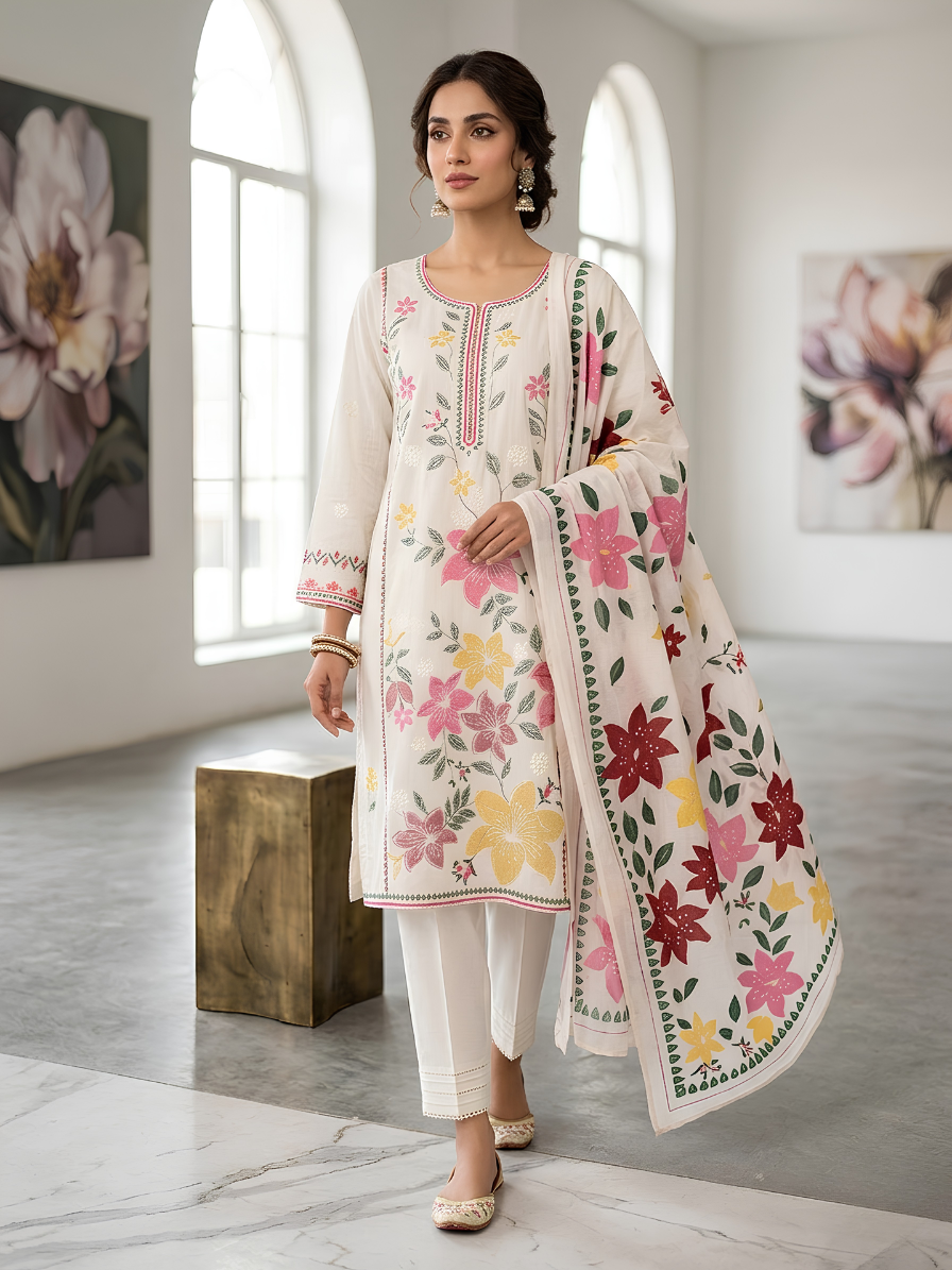 Ivory Blossom 3-Piece Delicate Embroidered Cotton Suit