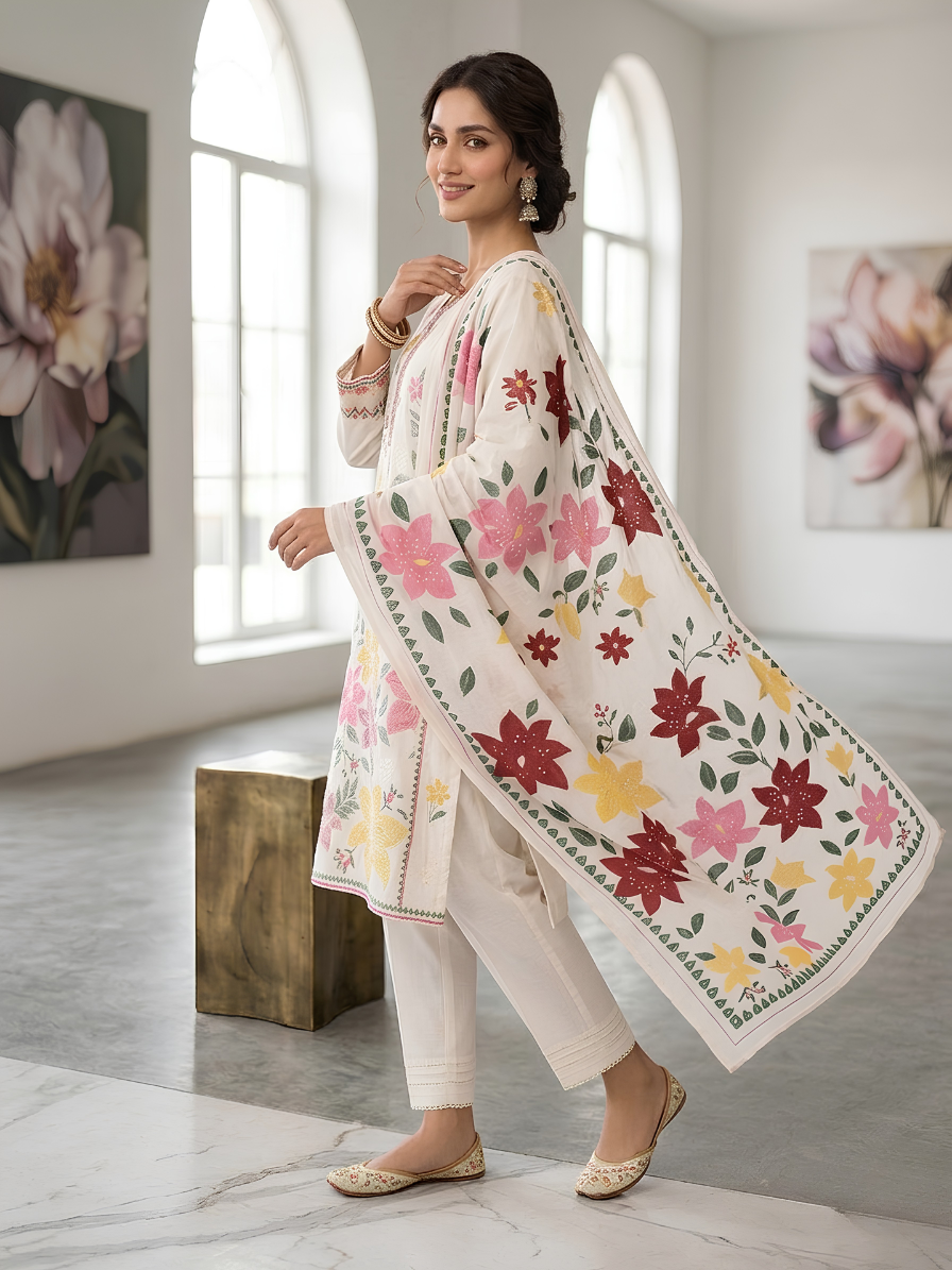 Ivory Blossom 3-Piece Delicate Embroidered Cotton Suit