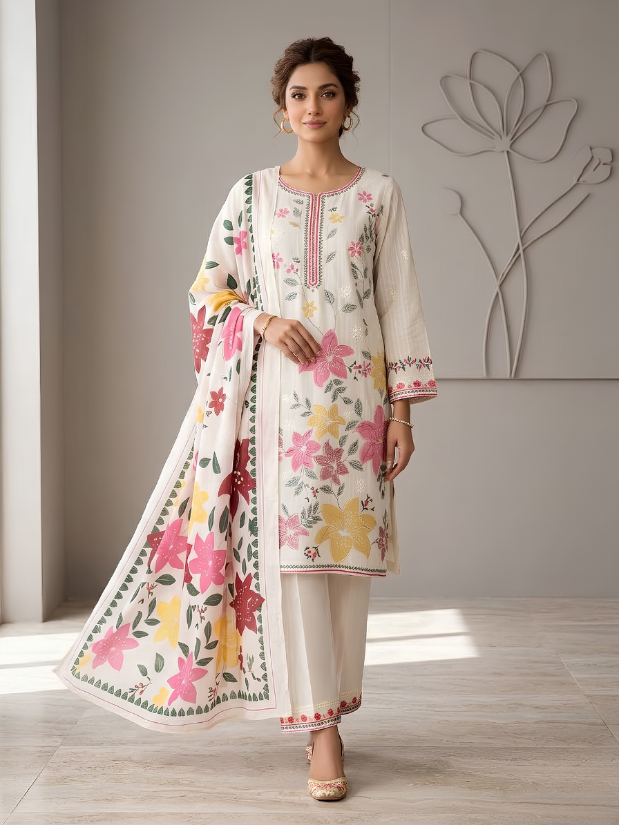 Ivory Blossom 3-Piece Delicate Embroidered Cotton Suit