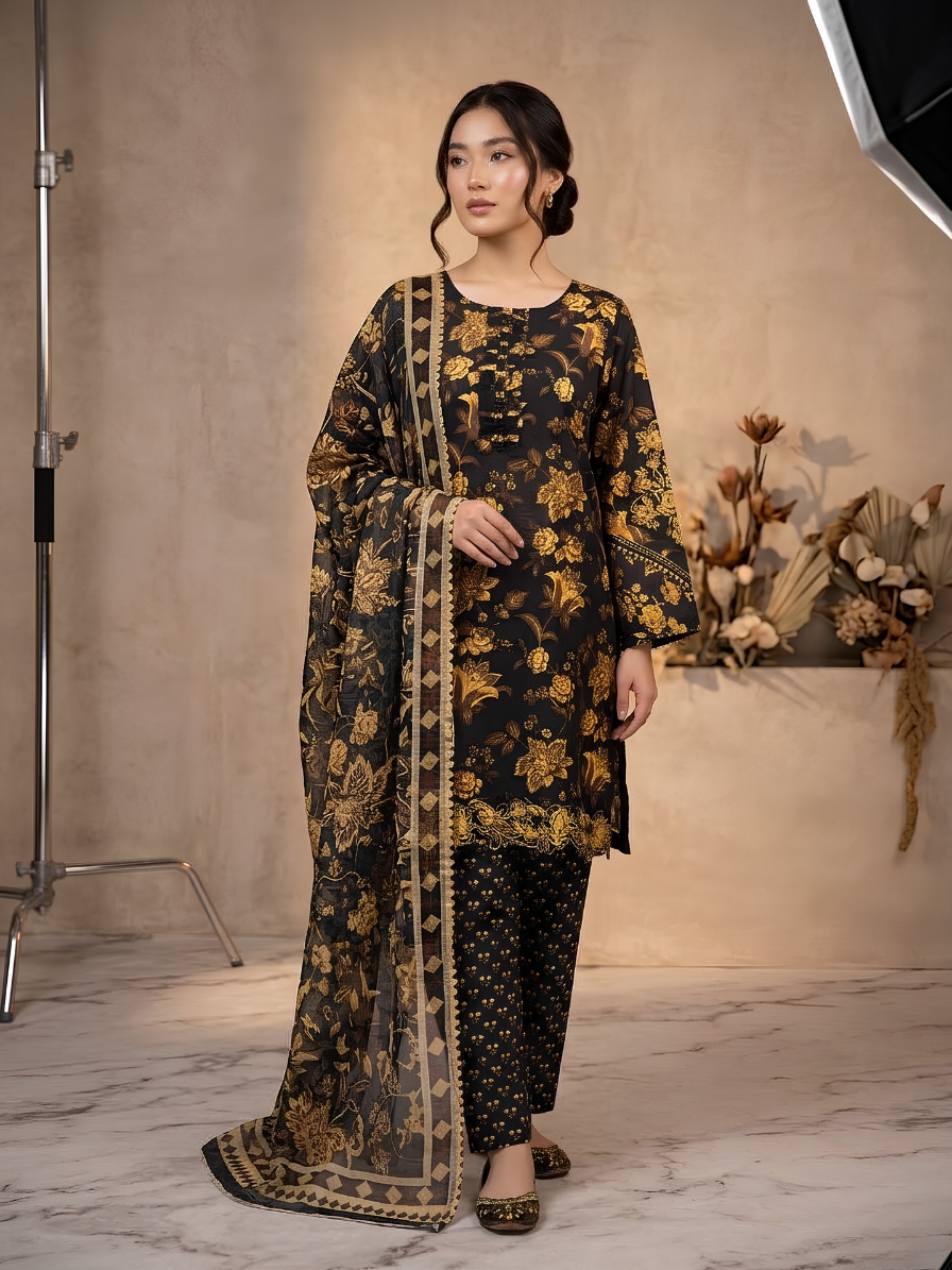 Premium Black & Gold Floral Printed 3-Piece Lawn/Cotton Suit