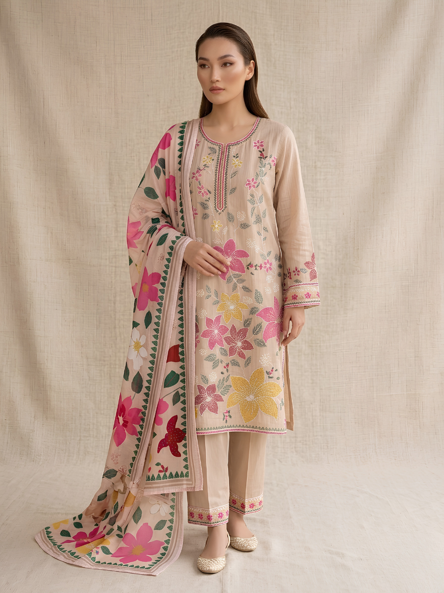 Sand Beige Flora 3-Piece Delicate Embroidered Cotton Suit
