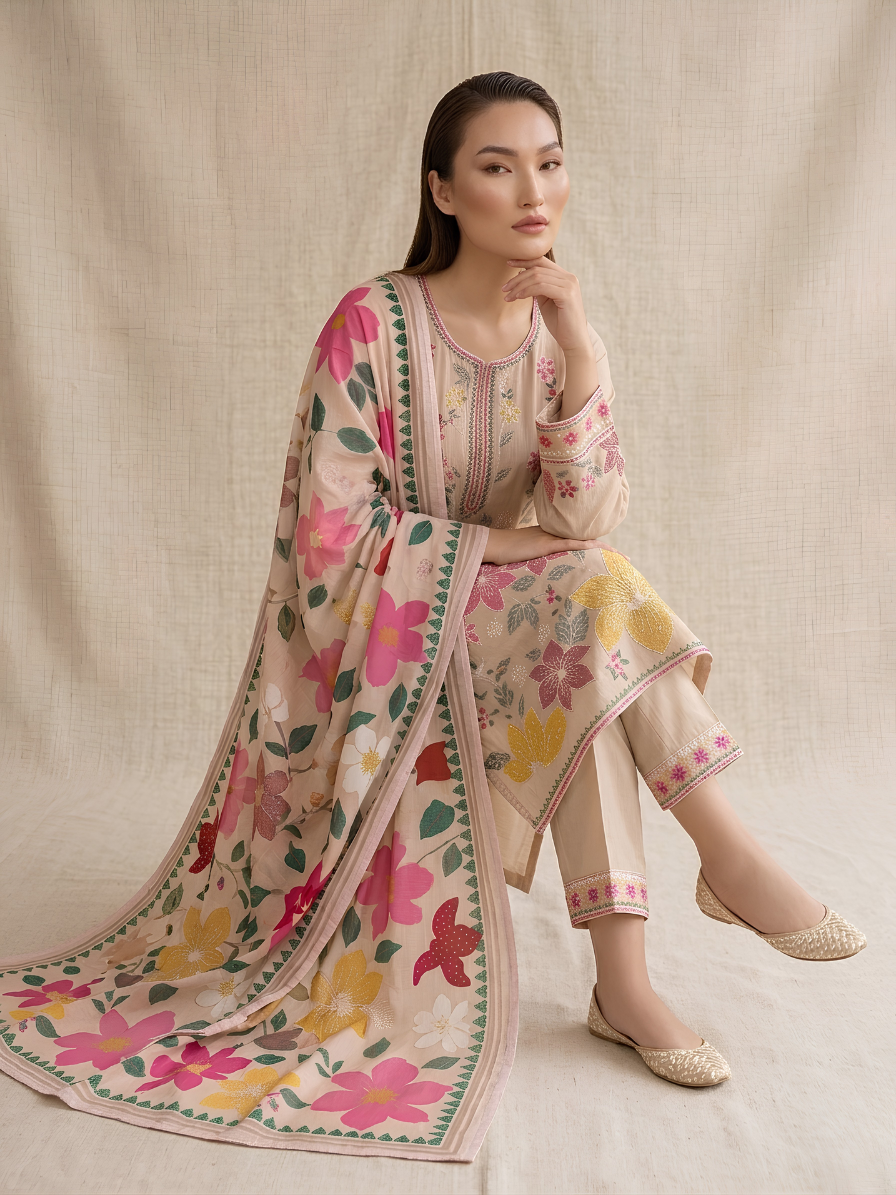 Sand Beige Flora 3-Piece Delicate Embroidered Cotton Suit