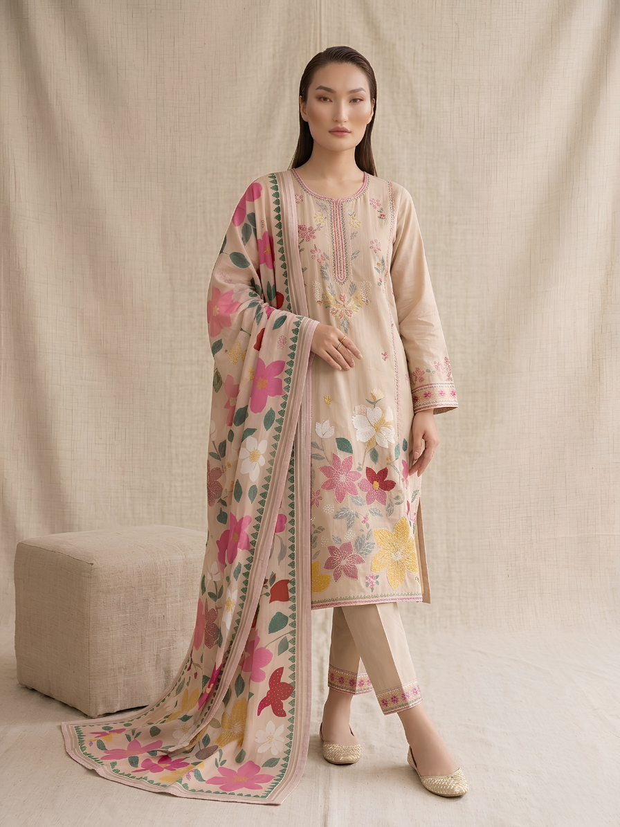 Sand Beige Flora 3-Piece Delicate Embroidered Cotton Suit